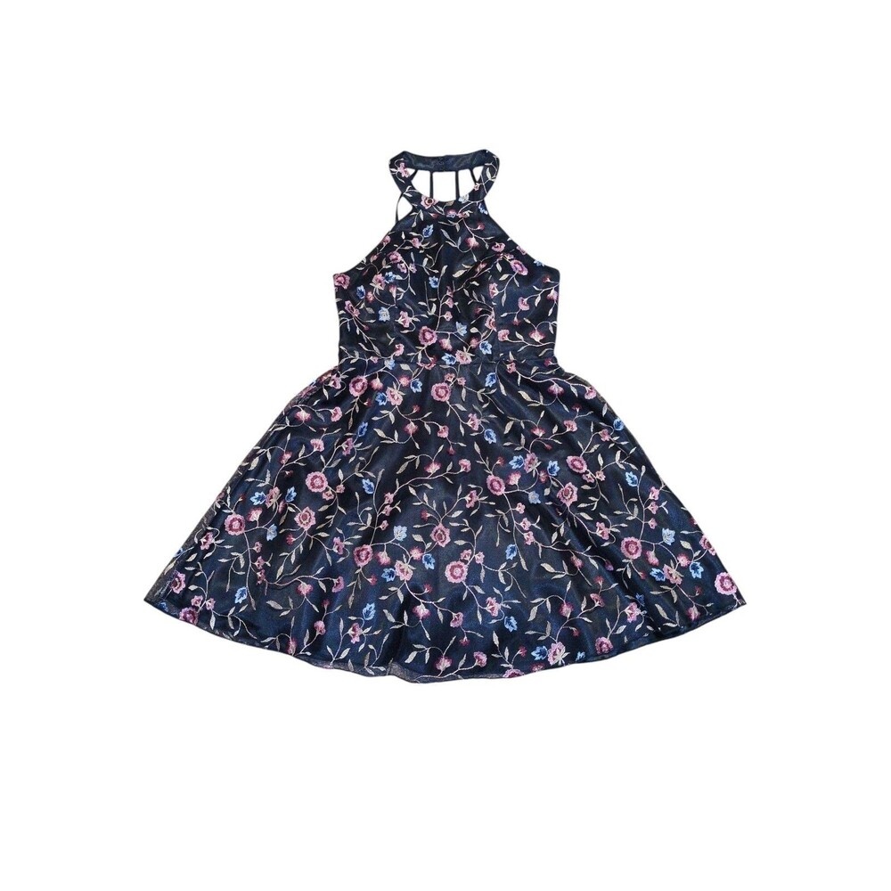 Sequin Hearts 9 Junior's Embroidered Floral Fit & Flare Halter Neck Mini Dress